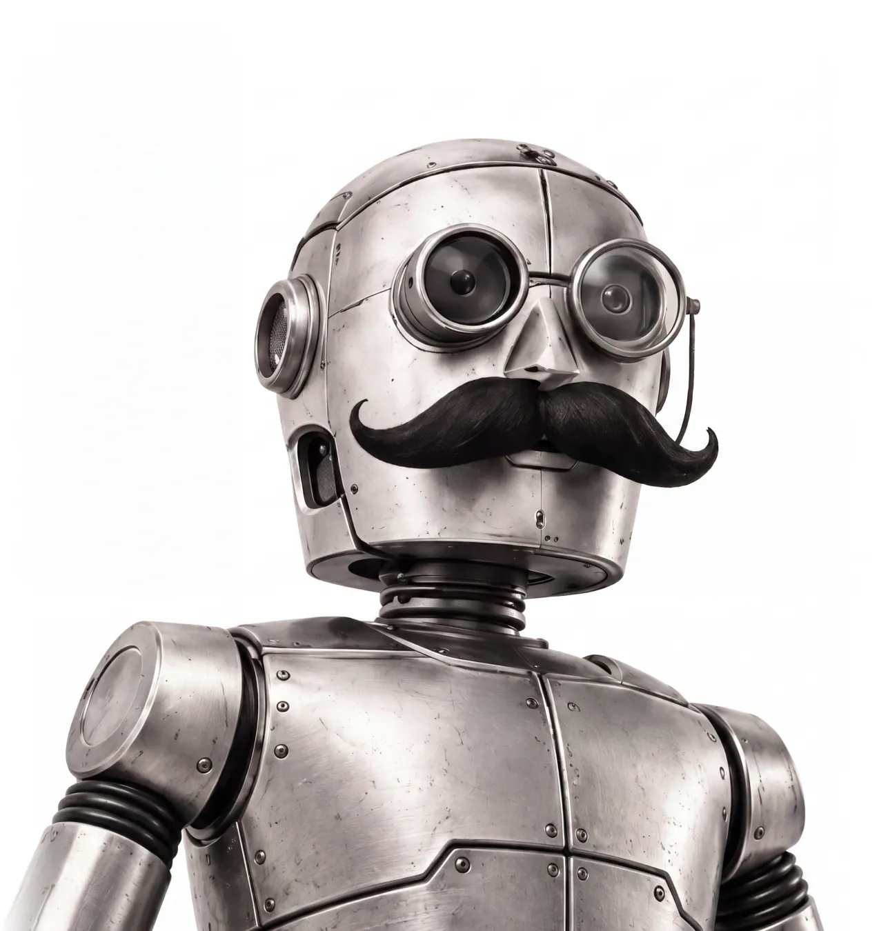 Retro robot wearing an obviously fake moustache: text that looks human at a glance still reads robotic, which is the problem ClearScript actually solves